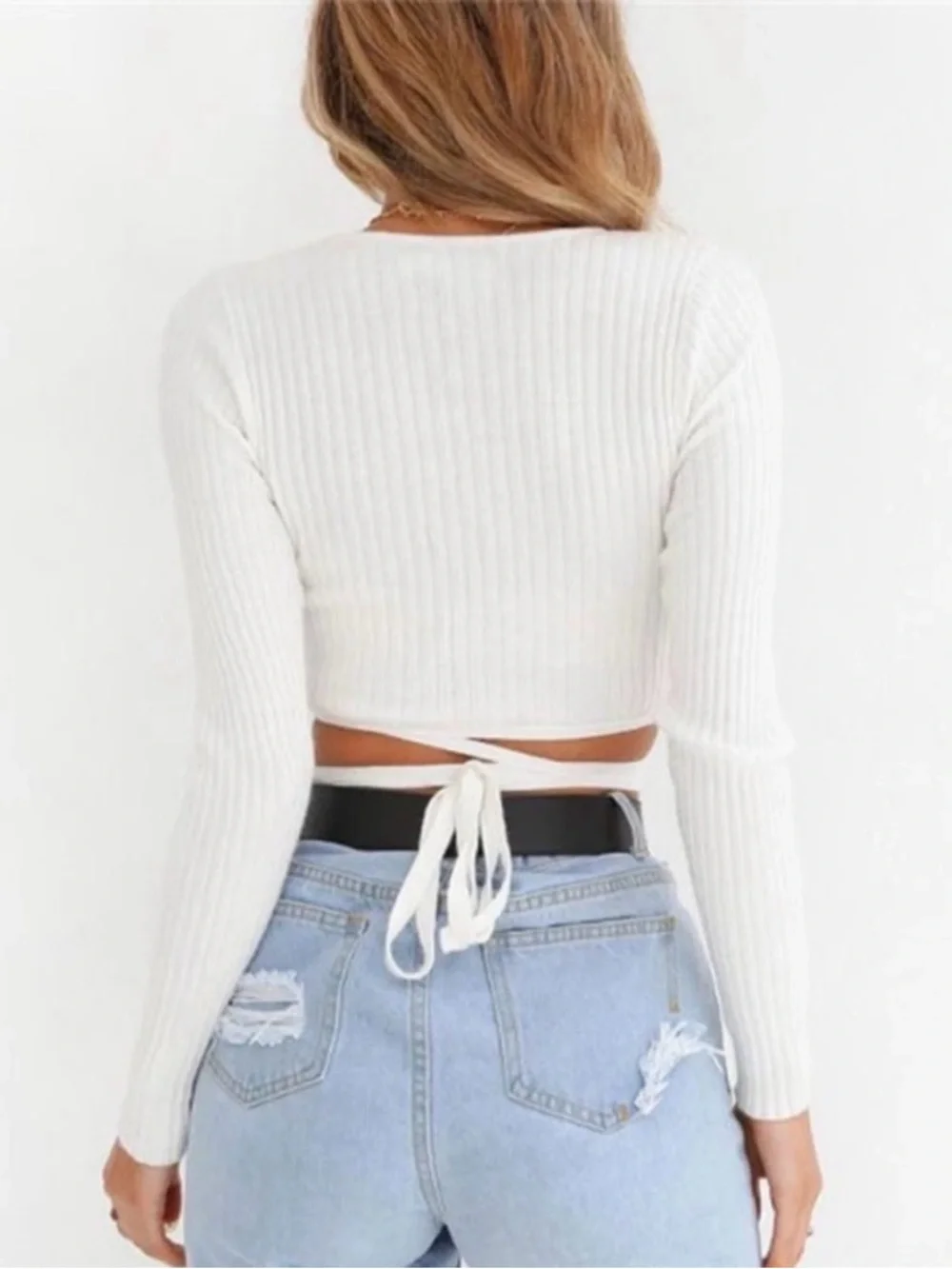 White Ribbed Wrap Tie Back Long Sleeve Crop Top - Picture 2 of 5